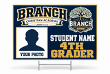 Branch Christian Academy 4th Grader personalized student yard sign concept, 36 inches wide by 24 inches tall, original tree and school wording, student photo and name placeholders.