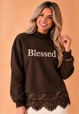 Approved brown Blessed mock-neck: large ivory chest embroidery without a cross; small covered-and-gold-cross left sleeve embroidery above cuff.