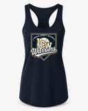 Lincoln County Warriors Women's Ideal Racerback Tank LCW Home Plate Crest screen print placement mockup
