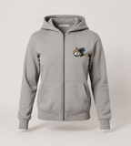 Mara Outlaws grey women’s full-zip hoodie with small left-chest mascot logo and blank sleeves
